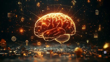 Abstract glowing brain connected by golden lines to icons like plan, desire, persistence, subconscious mind in motion Wealth Mindset Visualization and Goal Setting Subconscious and Belief
