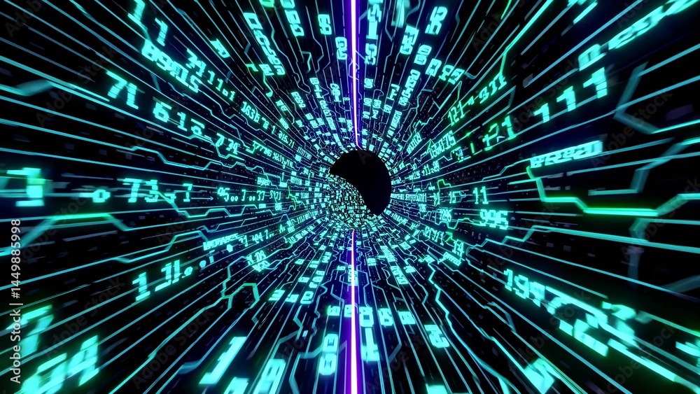 Poster glowing lines of code and numbers are converging into a digital tunnel, symbolizing the rapid transf