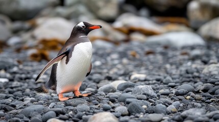 Naklejka premium gentoo penguin on rocky beach