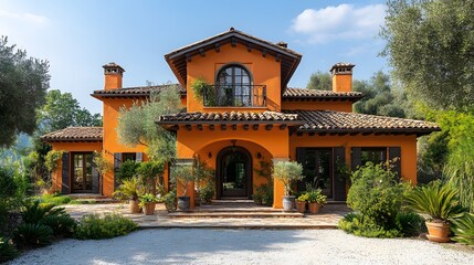 Obraz premium Mediterranean style villa, stucco walls and terracotta roof, surrounded by olive trees, landscape view under afternoon sun