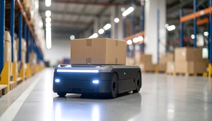 Automated Guided Vehicle transporting a cardboard box in a warehouse facility Modern logistics technology in action