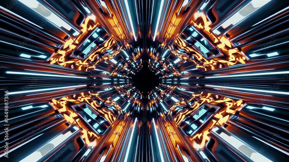 Wall mural orange and blue neon lights illuminate a futuristic tunnel, creating a mesmerizing sci-fi corridor w