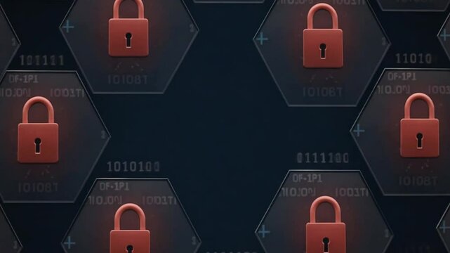 Cybersecurity Hexagonal Locks - Cybersecurity Network with Lock Icons and Binary Code &ndash; Data Protection Concept