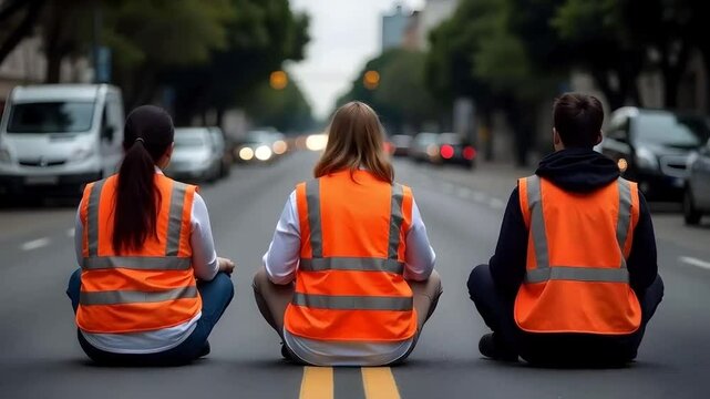 Three protestors mixed races sitting on a road wearing orange vests, in a city with trees and buildings