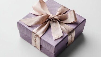 Obraz premium Elegant gift box in muted lilac with a neat bow, laid flat on white background, minimalist style with soft color palette