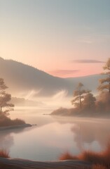 Naklejka premium A beautiful sunrise paints the mountain landscape and reflects over the calm river under a misty morning sky