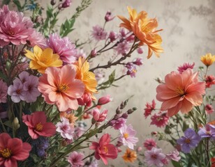 Colorful spring blooms artfully displayed on textured paper  ,  bloom,  nature,  high resolution