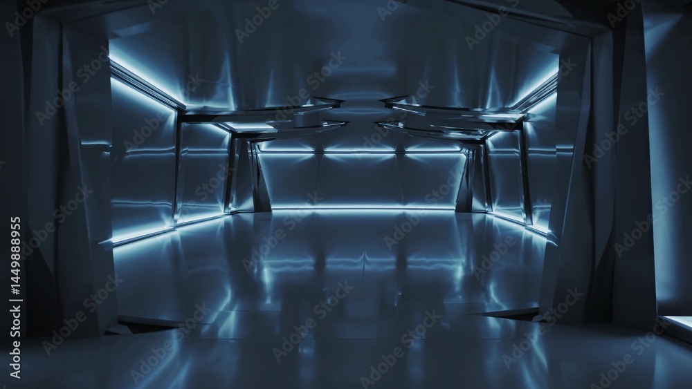 Wall mural futuristic metallic corridor with blue neon lights illuminating empty space and shiny floor reflecti
