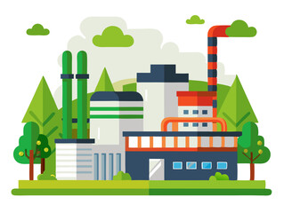 Fototapeta premium Vector of modern factory with clean air emission filters and green environment concept, isolated on white background. 