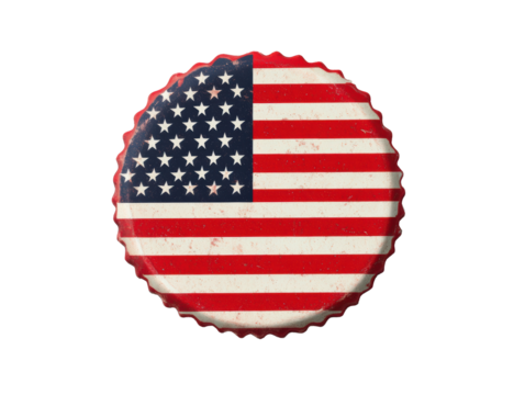 Vintage American flag bottle cap for crafts and events on a transparent background, cut out