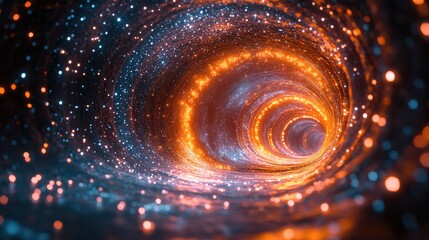 A mesmerizing cosmic vortex of glowing particles spiraling through a colorful tunnel of light and energy