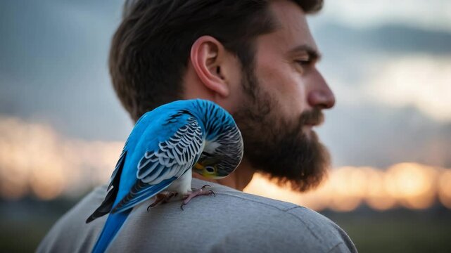 A chatty parrot is on a man's shoulder, right by his ear. The budgie whispers to the owner. Trusting relationships exist between creatures and humans.