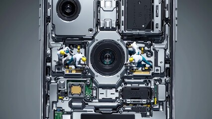 Miniature technicians are working on a large smartphone, repairing the camera lens and other components, showcasing the intricate technology within modern mobile devices