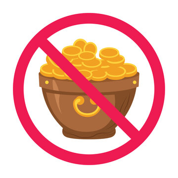 recommend clip art: Forbidden sign with gold coins icon, treasure chest prohibition sign, no treasure symbol, flat icon design vector illustration