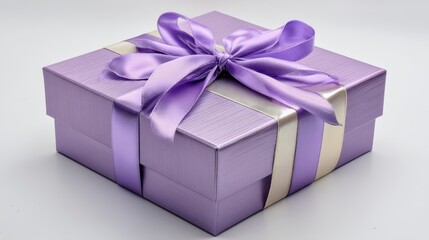 Obraz premium Lilac rectangular present box with silky bow, placed diagonally on a white background for a dynamic and modern product shot