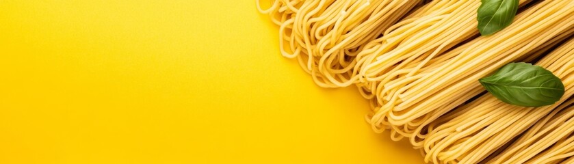 Pasta Art Fresh Noodles and Basil on Yellow, Culinary , Italian food
