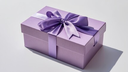 Obraz premium Minimal photo of a lilac rectangular gift box with a decorative bow, laid on a bright white background with soft shadows