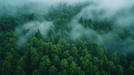 Lush green forest canopy veiled in mystical fog aerial perspective