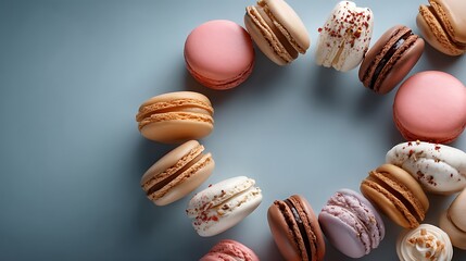 Obraz premium Pastel macaron flatlay in a bakery studio clean dessert background airy food photo aesthetic