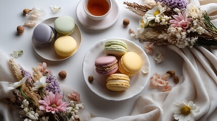 Fototapeta premium Pastel macaron flatlay in dessert studio airy food photo on clean white backdrop modern bakery aesthetic