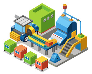 Fototapeta premium Vector of a recycling facility with machines processing waste materials, isolated on white background. 