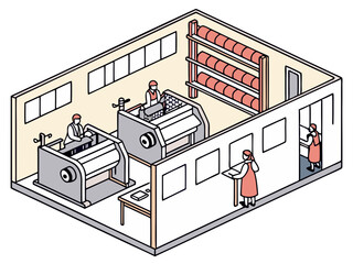 Vector of a textile factory with sewing machines and cloth production lines, isolated on white background.
