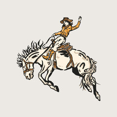 Cowboy Bucking Horse Illustration Retro Art
