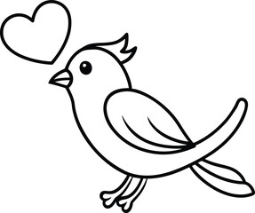 Minimalist line art shows bird with heart hovering near its beak on transparent background