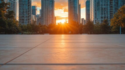 Sunset Over City Streets with Modern Buildings