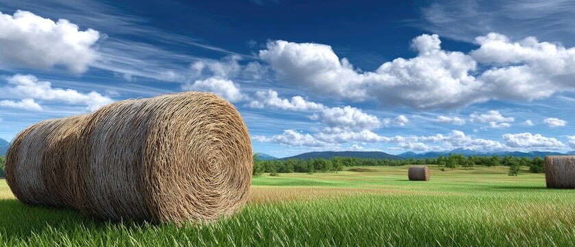 A large hay bale sits in a sunny, green field under a blue sky with scattered clouds and distant mountains.