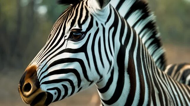 Delightful zebra depiction. Carefully scrutinizing with curiosity and suspicion. Comical zebra muzzle in conversation. Attractive face