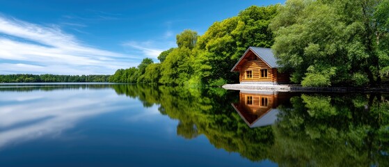 Obraz premium A cozy log cabin sits by a calm lake, surrounded by lush green trees and reflected in the clear blue water under a bright sky.