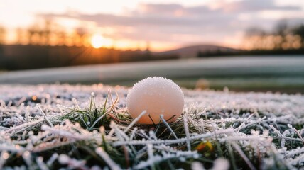Frozen dawn, serene morning landscape with frost covered egg on the grass