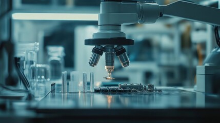 Automated Microscope in High-Tech Laboratory Examining Microchip