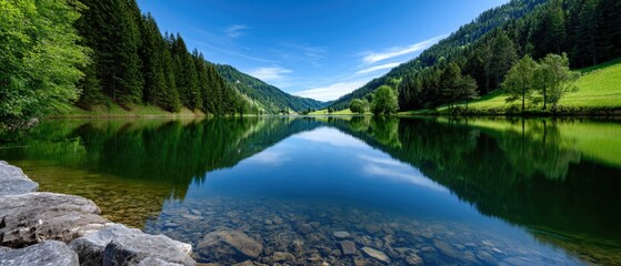 A serene mountain lake reflects lush green trees and a clear blue sky, creating a peaceful and picturesque natural landscape.