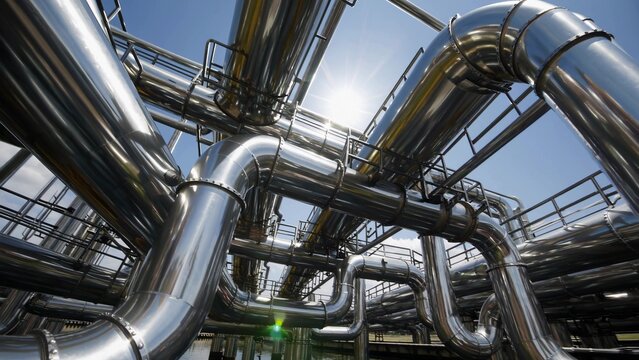 Complex network of shiny industrial pipelines crossing and connecting under a bright midday sun with clear blue sky in background, representing modern energy and resource management