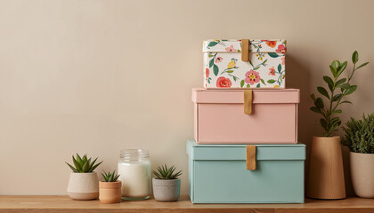 Beautifully arranged storage boxes with plants on a wooden shelf in a modern interior setting