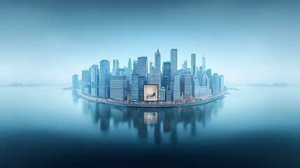 Obraz premium Panoramic view of a city skyline reflected in calm water, a tranquil morning scene