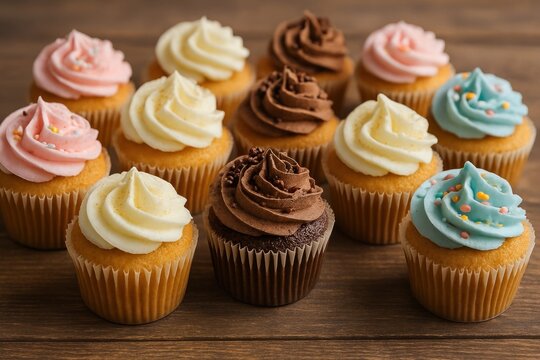 Colorful frosted cupcakes display