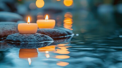 National relaxation day with wellness and spa idea. Serene candles floating on water at dusk.