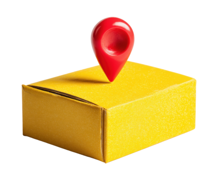 Delivery tracking concept with yellow package and location pin on a transparent background, cut out