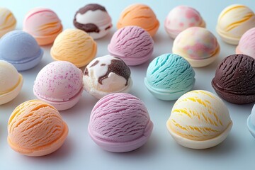 Colorful assortment of ice cream scoops on pastel background showcasing diverse flavors and textures