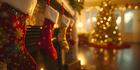 Christmas Stockings by Fireplace with Glowing Christmas Tree in Background