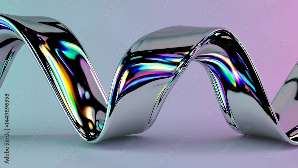 Poster holographic metallic ribbon forming a wavy, dynamic shape on a gradient background, creating a visua