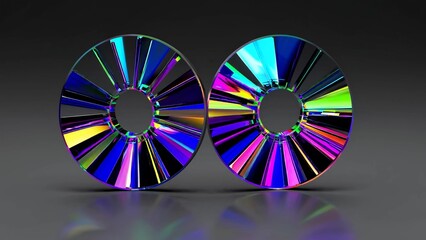 Two colorful glass discs are rotating, showing a circular pattern with vibrant hues, placed on a reflective surface that mirrors their intricate design, creating a mesmerizing visual effect