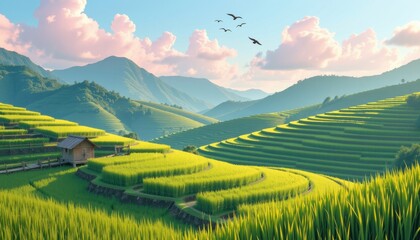 Obraz premium A pastel rice terrace landscape with layered hills in gentle green tones, pink clouds in the sky, and a small wooden hut nestled in the field. Birds fly in formation above