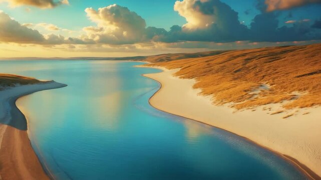 Top-down view of a lake adjacent to the beach