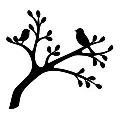 Two Birds Silhouetted in a Branch, Minimalist Nature Scene with Negative Space