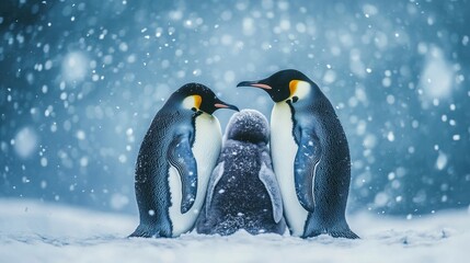 emperor penguin family in snowstorm