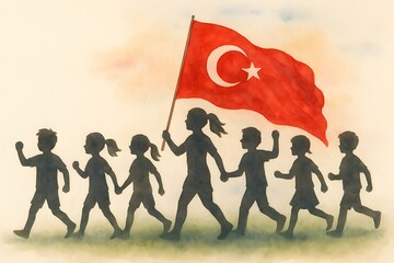 Youth and sports day in turkey watercolor poster with children silhouettes.